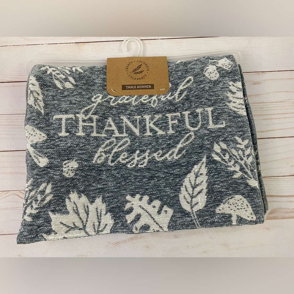 Grateful Thankful Blessed Gray Table Runner 13" X 72" Fall Leaves Autumn NWT